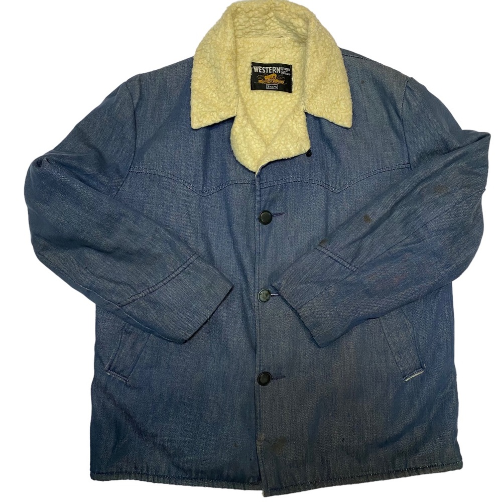 Vtg Sears Western Wear Denim Chore Coat Sherpa